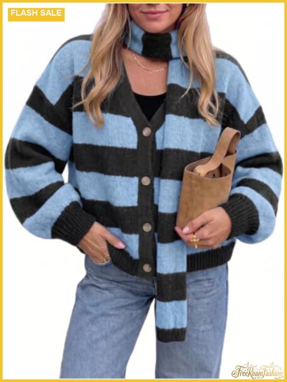 Oversized Striped Cardigan with Scarf Button Down Lantern Sleeve